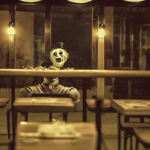 Image similar to Clown sitting in an empty diner at night, Gothic Art, color, award-winning art, horror, scary, eerie, ominous, unnerving, 8k