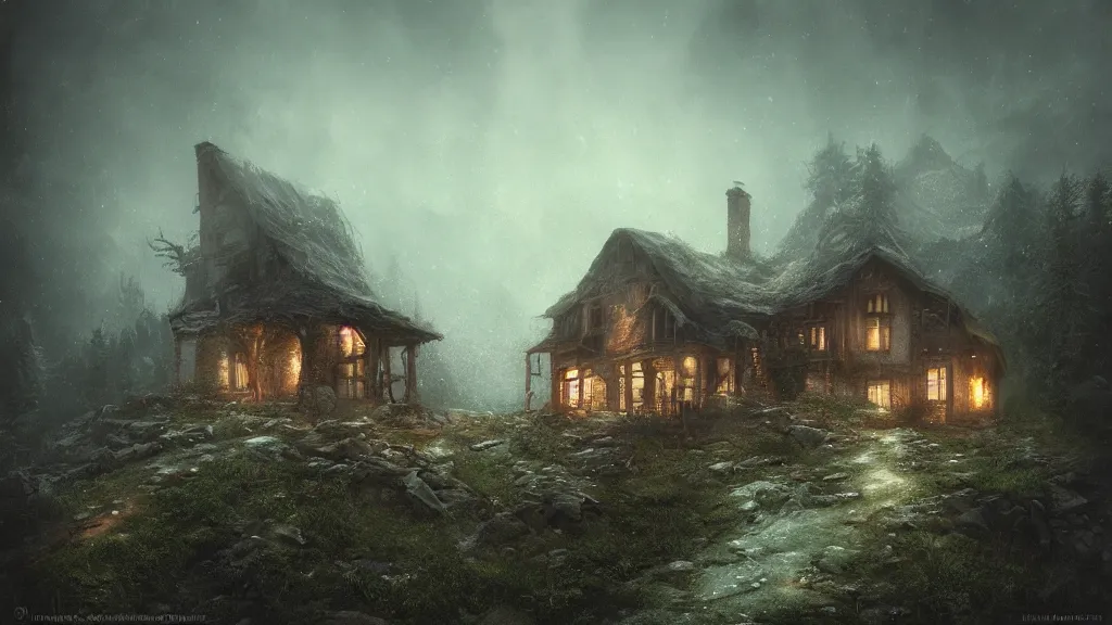 A dark decrepit cottage on a mountaintop at night, by | Stable ...