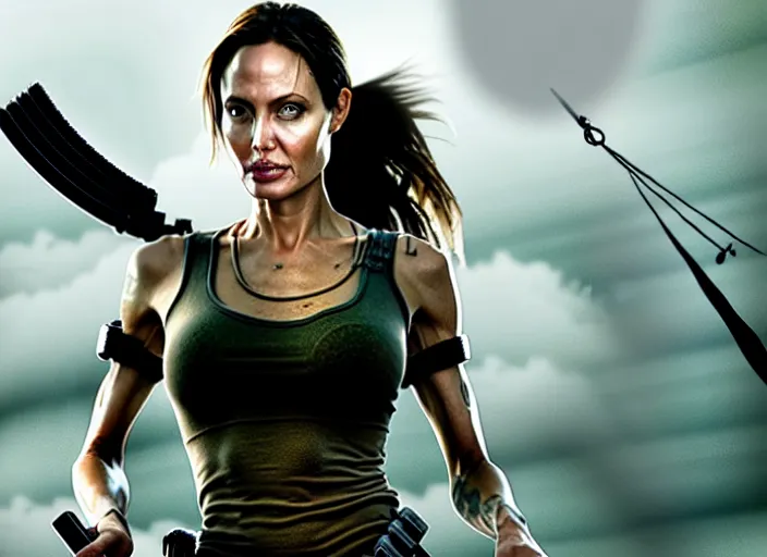 Image similar to film still of!!!! angelina jolie!!! as lara croft in new tomb raider movie, 8 k