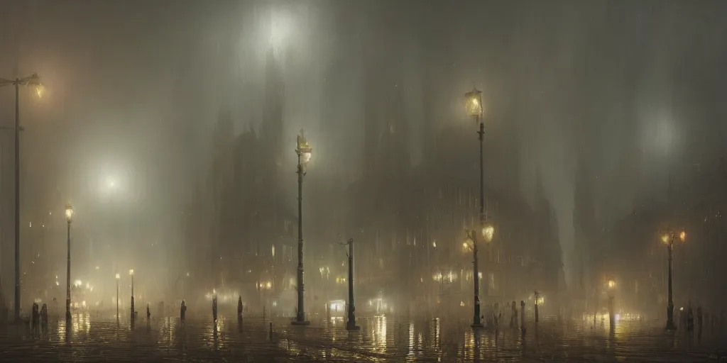 Image similar to a parade in a heavy swirling fog, soft lighting, night, stephen bliss, misty, unreal engine, digital art, 8 k, oil painting, fantasy art, illustration, detailed and intricate environment