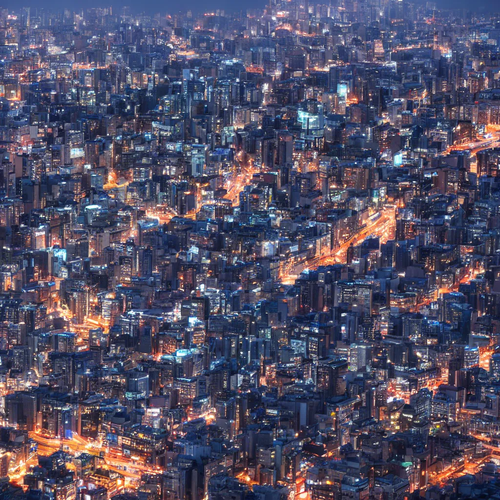 Image similar to photorealistic view of Seoul from the top of a building at night, trending on ArtStation, volumetric lighting, high detail