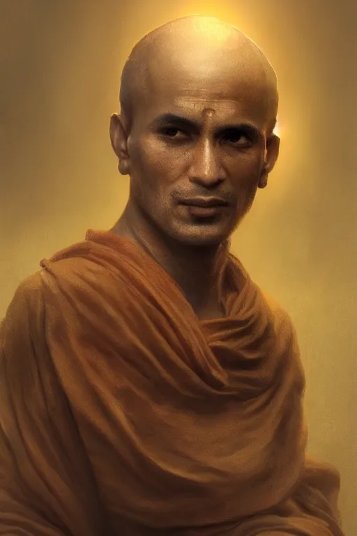 Image similar to hindu monk, close - up portrait, devoted, intricate, elegant, volumetric lighting, scenery, digital painting, highly detailed, artstation, sharp focus, illustration, concept art, ruan jia, steve mccurry