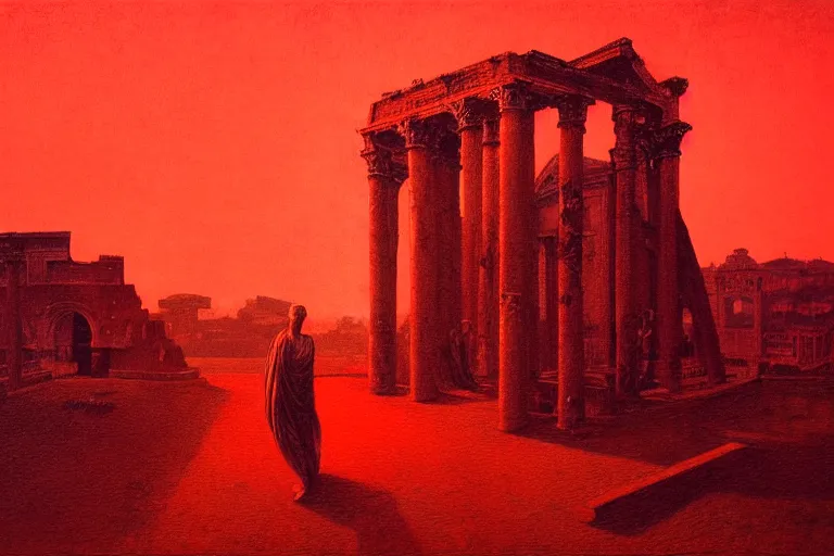 Image similar to only with red, caesar after war, a red tiger, in hoc signo vinces, rome in background, an ancient path, in the style of beksinski, part by hopper, part by rodcenko, part by hofbauer, intricate composition, red by caravaggio, insanely quality, highly detailed, masterpiece, red light, artstation