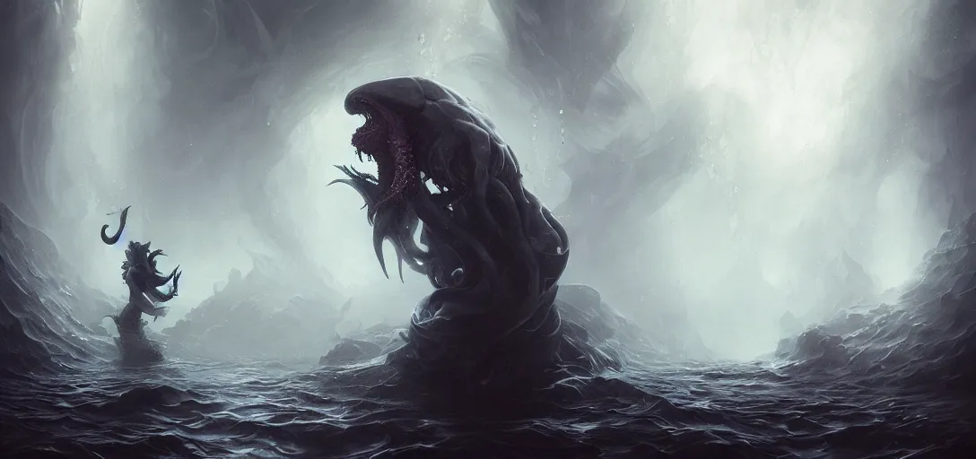 Image similar to cthulhu underwater eating a void fish, by peter mohrbacher dan mumford craig mullins nekro, cgsociety, pixiv, volumetric light, 3 d render, smoke, dark fog, high contrast colors