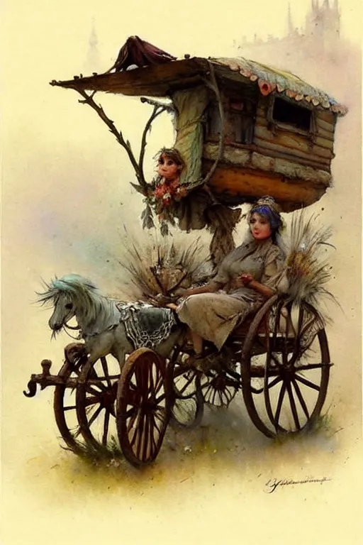 Image similar to (((((1950s fairy tale gypsy wagon . muted colors.))))) by Jean-Baptiste Monge !!!!!!!!!!!!!!!!!!!!!!!!!!!