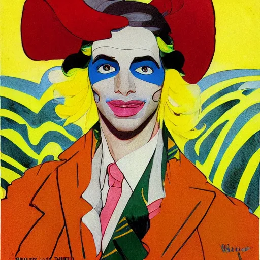 Image similar to art by joshua middleton, the yellow creeper, a tall manically smiling yellow - skinned man with green and black striped cycling shorts and wearing a long red feather boa, yellow makeup, mucha, kandinsky, poster, comic art, stylised design