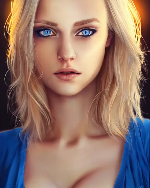 Image similar to closeup of beautiful blonde female with blue eyes, award winning portrait photography, extremely detailed, artstation, 8 k, sensual lighting, incredible art, wlop, artgerm, backlit, rim lighting, hi - fructose, cellshading, intricate lineart