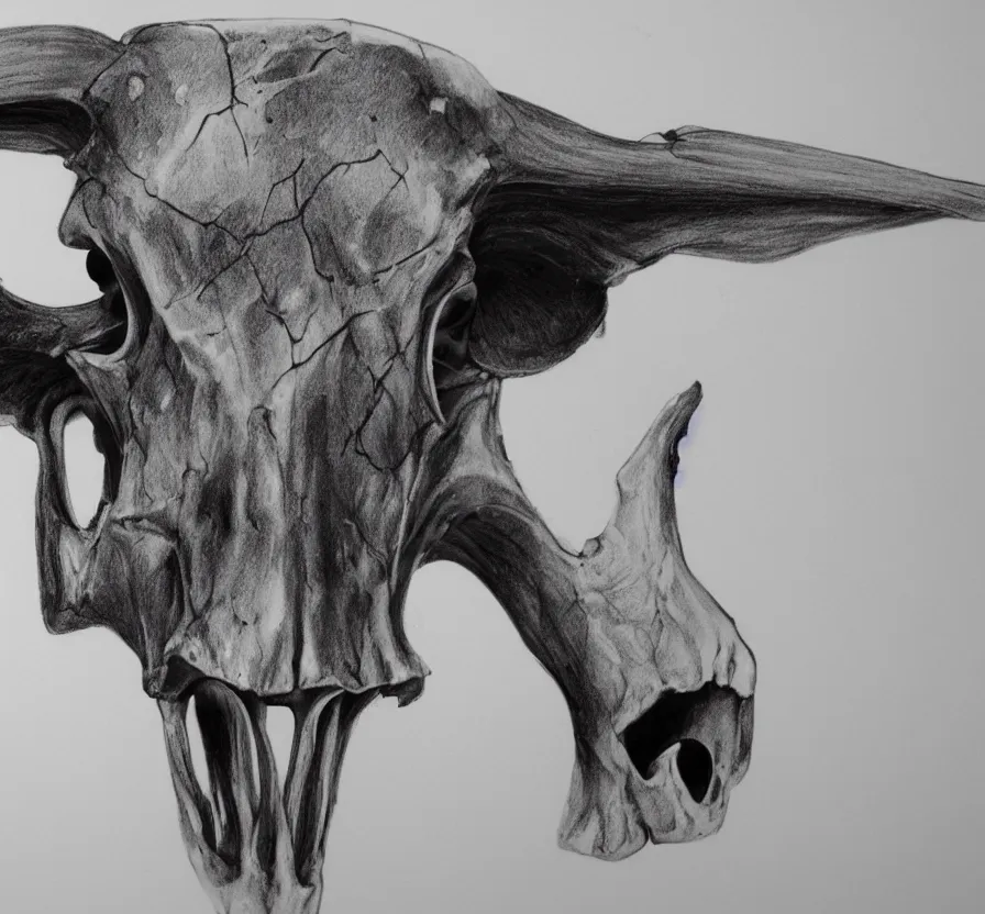 Image similar to cow skull, pencil drawin, unreal engine 5, wallpaper, 8 k, ultra detailed, realistic photo, artstation
