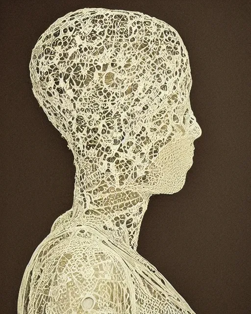 Image similar to a woman's face in profile, made of intricate decorative lace leaf skeleton, in the style of the dutch masters and gregory crewdson, dark and moody