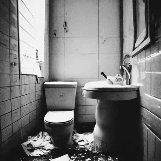 Prompt: a wide angle 3 5 mm film photography of a dirty cluttered bathroom somewhere in eastern europe, evocating a feeling of child wonder and endless possibilities