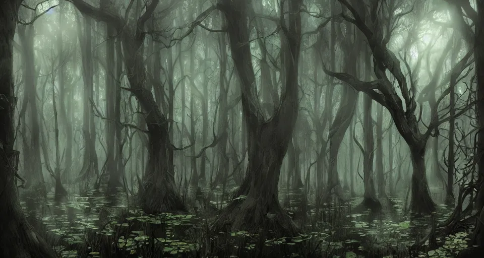 Image similar to A dense and dark enchanted forest with a swamp, by Charlie bowater