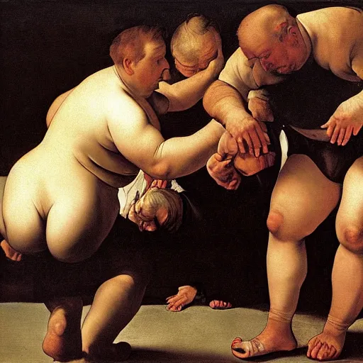 Prompt: obese alex jones falls over, painted by caravaggio