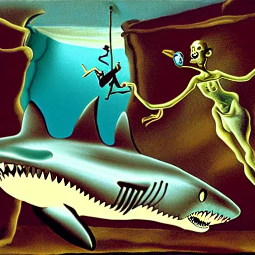 Prompt: sharks in the persistence of memory of salvador dali