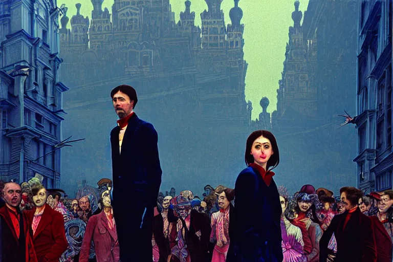 Image similar to realistic detailed photorealistic film portrait shot of a single skeleton wearing crimson velvet blazer in a crowded futuristic moscow street by Denis Villeneuve, Amano, Yves Tanguy, Alphonse Mucha, Ernst Haeckel, Andrei Tarkovsky, Edward Robert Hughes, Roger Dean, rich moody colours, wide angle, blue eyes