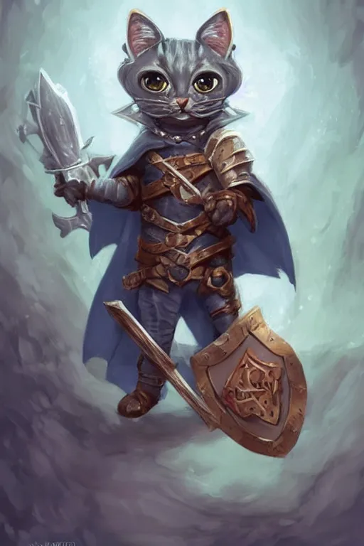 Image similar to cute little anthropomorphic cat knight wearing a cape and a crown, tiny, small, miniature cat , baby animal, short, pale blue armor, cute and adorable, pretty, beautiful, DnD character art portrait, matte fantasy painting, DeviantArt Artstation, by Jason Felix by Steve Argyle by Tyler Jacobson by Peter Mohrbacher, cinematic lighting