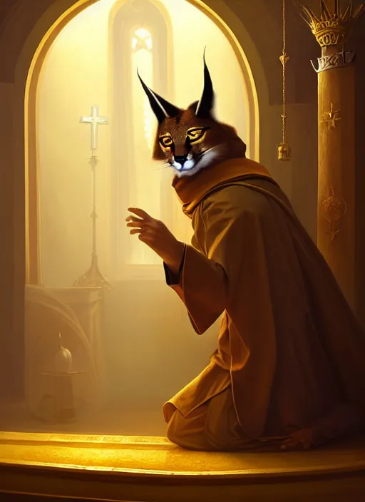 Image similar to cute fluffy anthropomorphic caracal as orthodox priest in golden clothes, caracal head, wearing vr, in orthodox church at background, dynamic lighting, darkness, atmospheric, surrealistic, ambients, dramatic, blurry bokeh cinematic, depth of field, art by bussiere rutkowski andreas rocha