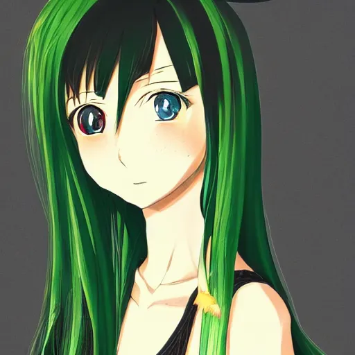 Image similar to a portrait of a anime girl with long dark hair and green eyes, 90s style