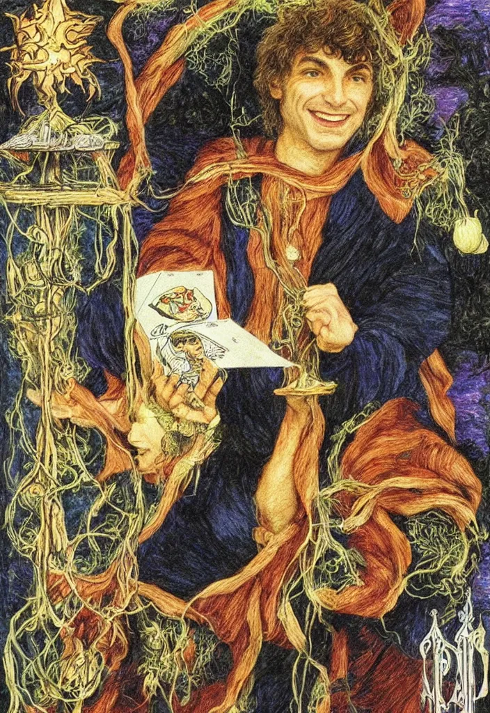 Image similar to Yoshua Bengio smiling on the Rider–Waite tarot. Illustration by preraphaelists.