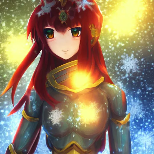 Prompt: portrait focus of knight beautiful 3D anime girl, fire armor wearing, dark forest background, snowing, bokeh, inspired by Masami Kurumada, digital painting, high contrast, unreal engine render, volumetric lighting, high détail