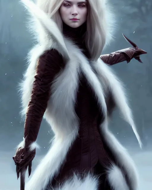 Image similar to dragon hunter wearing a fur - lined dragonhide jacket!!! beautiful and gorgeous elegant white long haired female!! symmetry, character concept art, sharp focus, illustration, art by artgerm! greg rutkowski magali villeneuve wlop! ilya kuvshinov!! charlie bowater! octane render, unreal engine 5! highly rendered!!