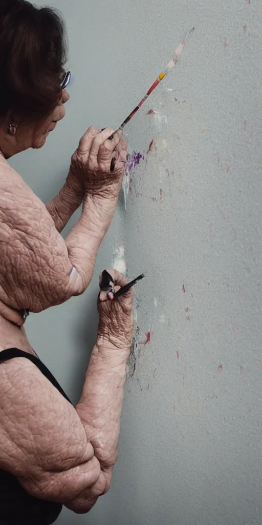 Prompt: a very beautiful polaroid photograph portrait. a sweet fat old woman is painting her shadow on the wall. very stylized. 4 k. wide angle. wild movements. 3 d. symmetrical face. clear realistic face. beautiful hands. deep focus, lovely scene. arnold maya render. concept art. unreal engine