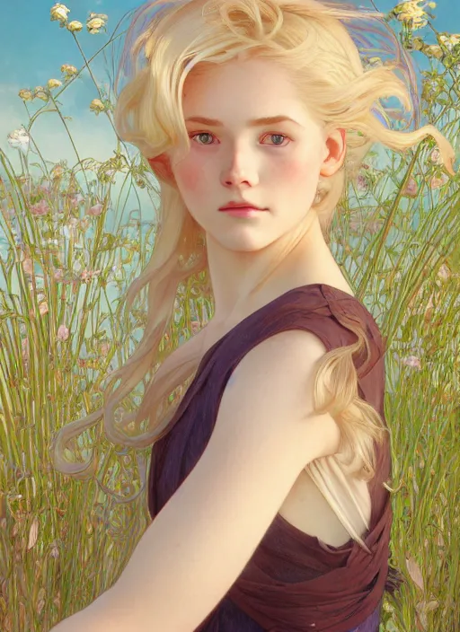 Image similar to pretty young man with shoulder length blond hair, half body shot, path traced, highly detailed, high quality, digital painting, by studio ghibli and alphonse mucha, leesha hannigan, hidari, disney, jules bastien - lepage, art nouveau, martine johanna, android jones, andreas rocha, conrad roset