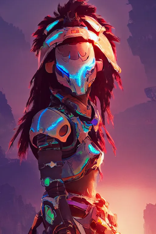 Image similar to combination suit armor aloy horizon forbidden west horizon zero dawn radiating a glowing aura global illumination ray tracing hdr fanart arstation by ian pesty and alena aenami artworks in 4 k tribal robot ninja mask helmet backpack