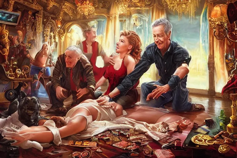 Image similar to portrait of bob barker playing twister with scarlett johansson, an oil painting by ross tran and thomas kincade