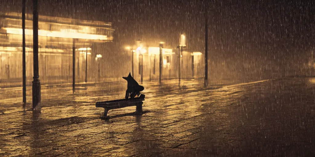 Image similar to a fox in front of a bus stand bench on a rainy night, detailed, 8 k, trending on artstation