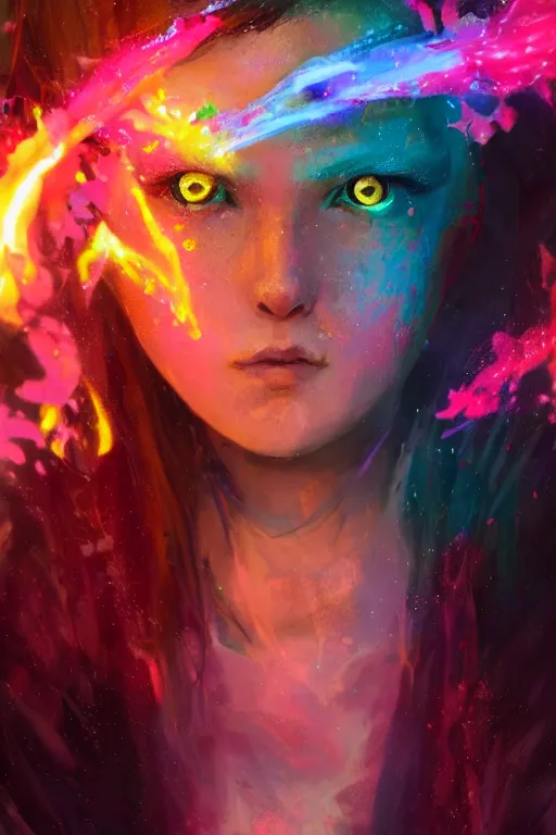 Image similar to a fancy portrait of a young Demon girl covered in rainbow flames by Greg Rutkowski, Sung Choi, Mitchell Mohrhauser, Maciej Kuciara, Johnson Ting, Maxim Verehin, Peter Konig, final fantasy , 8k photorealistic, cinematic lighting, HD, high details, atmospheric , trending on artstation