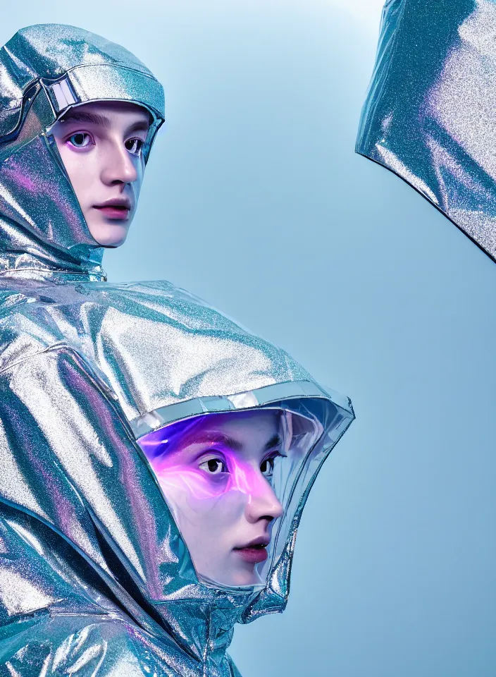 Image similar to an ultra high definition professional studio quality photograph of an artificially intelligent android influencer with silver skin wearing a transparent iridescent pastel coloured visor and matching wavey raincoat on white hook in a sheer icelandic black rock environment. three point light. dramatic lighting. volumetric shadows. light rays