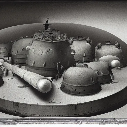 Prompt: photomontage of tanks and fungi by john heartfield, photographic, black and white, detailed, masterpiece, fine art, photomontage, museum quality