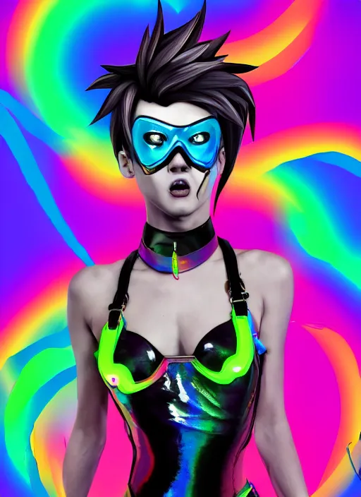 Image similar to full body abstract surreal weird digital drawing portrait of tracer overwatch, confident pose, full body, full body, wearing black jagged iridescent rainbow latex armor, rainbow, neon, 4 k, expressive surprised expression, makeup, wearing large rainbow neon choker, studio lighting, black latex, expressive detailed face and eyes,