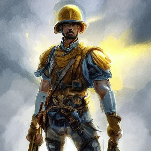 Image similar to a full body shot from distance of a great soldier with a yellow and blue flag standing in the beam of light from the clouds in a triumph after battle, western, masculine figure, D&D, fantasy, intricate, elegant, highly detailed, digital painting, artstation, concept art, matte, sharp focus, symmetrical, illustration, art by Artgerm and Greg Rutkowski and Alphonse Mucha