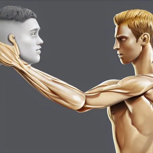 Image similar to a realistic detailed photo of a guy who is an attractive humanoid who is half robot and half humanoid, who is a male android, attractive and handsome soccer players, shiny skin, posing like a statue, blank stare, in a factory, on display, showing off his muscles, wearing soccer shorts, side view, looking at each other mindlessly