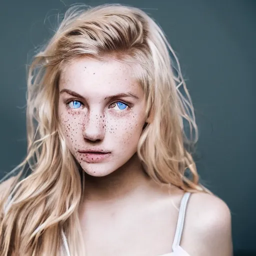 Image similar to Portrait photography of a Blonde Girl, Young Beautiful Face, Green Eyes, Freckles, Wearing a white crop-top and jeans, with a subtle smile, Charming, DSLR, cinematic lighting