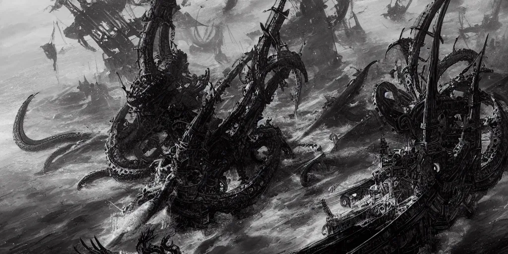 Image similar to A medieval ship flotilla on fire is getting destroyed by a giant kraken sea monster, tentacles, chaos, view from above. In style of Yoji Shinkawa and Hyung-tae Kim, trending on ArtStation, Greg Rutkowski, dark fantasy, great composition, concept art, highly detailed, scenery.