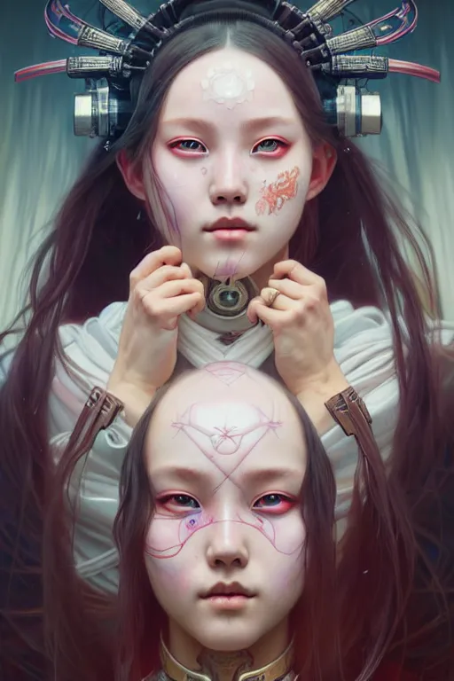 Prompt: portrait painting of olivia hye loona cyberpunk samurai smiling, ultra realistic, concept art, intricate details, eerie, highly detailed, photorealistic, octane render, 8 k, unreal engine. art by artgerm and greg rutkowski and magali villeneuve and alphonse mucha