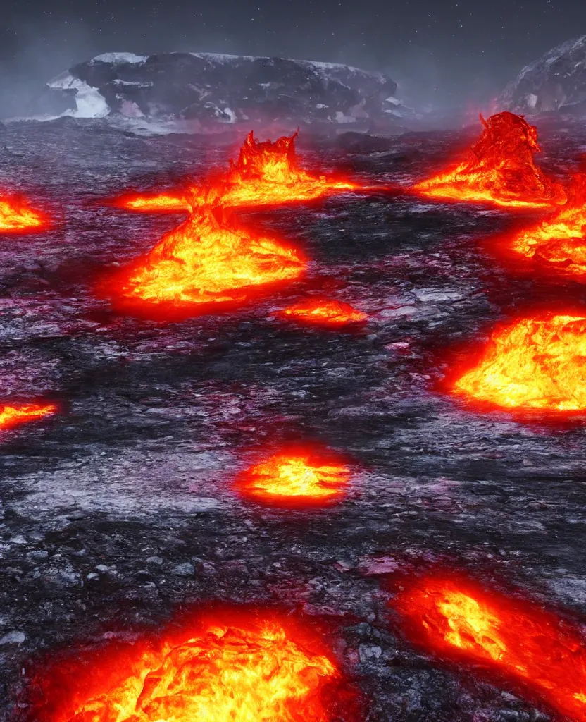 Prompt: Icy road on a planet of lava, flames alongside the road, photorealism, 4k