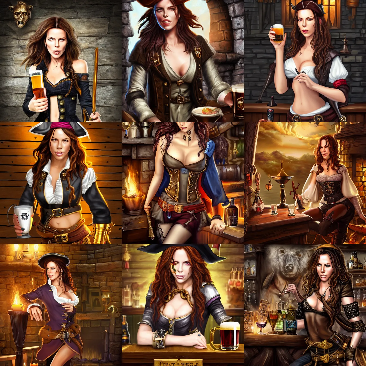 Prompt: pirate girl with face of kate beckinsale weared blazer, short bridges, tricorne, with custlas and beer, sit in fantasy tavern near fireplace, behind bar deck with bear mugs, medieval dnd, colorfull digital fantasy art, 4k