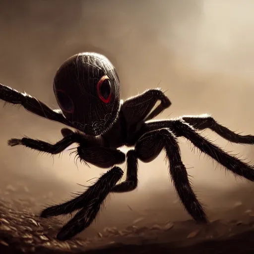 Image similar to child, black eyes, sharp teeth, spiderlegs, body of a spider, intricate, detailed, volumetric lighting, scenery, digital painting, highly detailed, artstation, sharp focus, illustration, concept art,