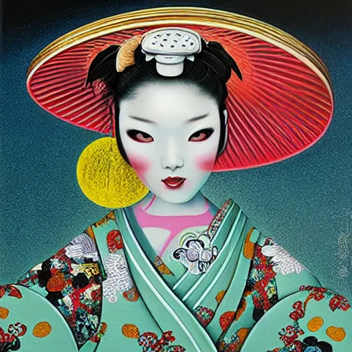 Image similar to Futuristic geisha girl, worm's-eye view, lowbrow painting by Mark Ryden