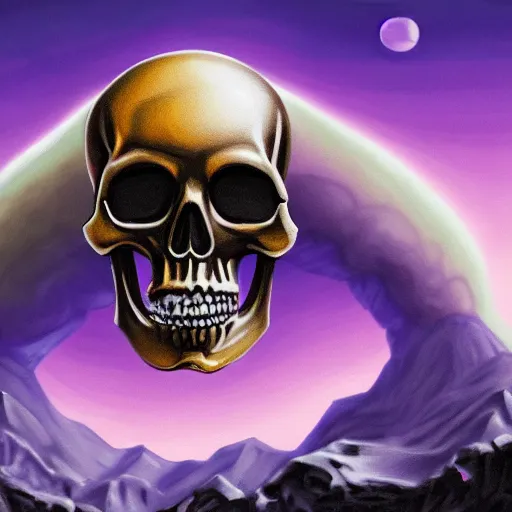 Prompt: a giant, stunning belt with a skull on it, huge mountain, purple sky, hyper - detailed digital painting