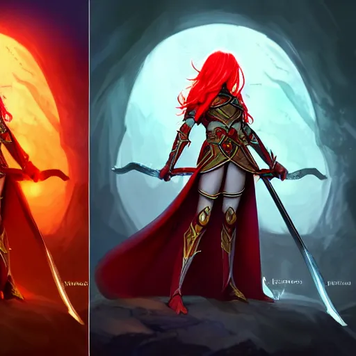 Image similar to a female elven cleric with red long hair, very good beautiful heavy scale armor, wearing a cape, casting a fire spell, dungeon background, magical, bright, colorful, fantastic lighting, amazing details, 4 k uhd, illustration by stephanie brown and mingchen shen and ilya kuvshinov, artstation, pixiv, concept art,