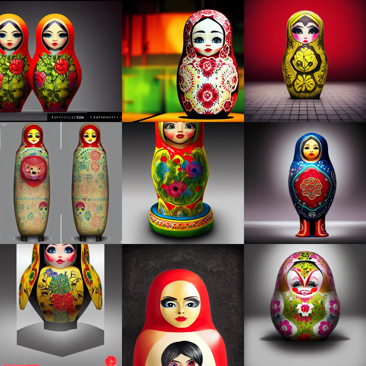 Prompt: photorealistic full body of matryoshka from James Bond, VI concept art with detailed face by Zeronis, sharp focus, studio lighting, white ambient background, highly detailed, masterpiece,