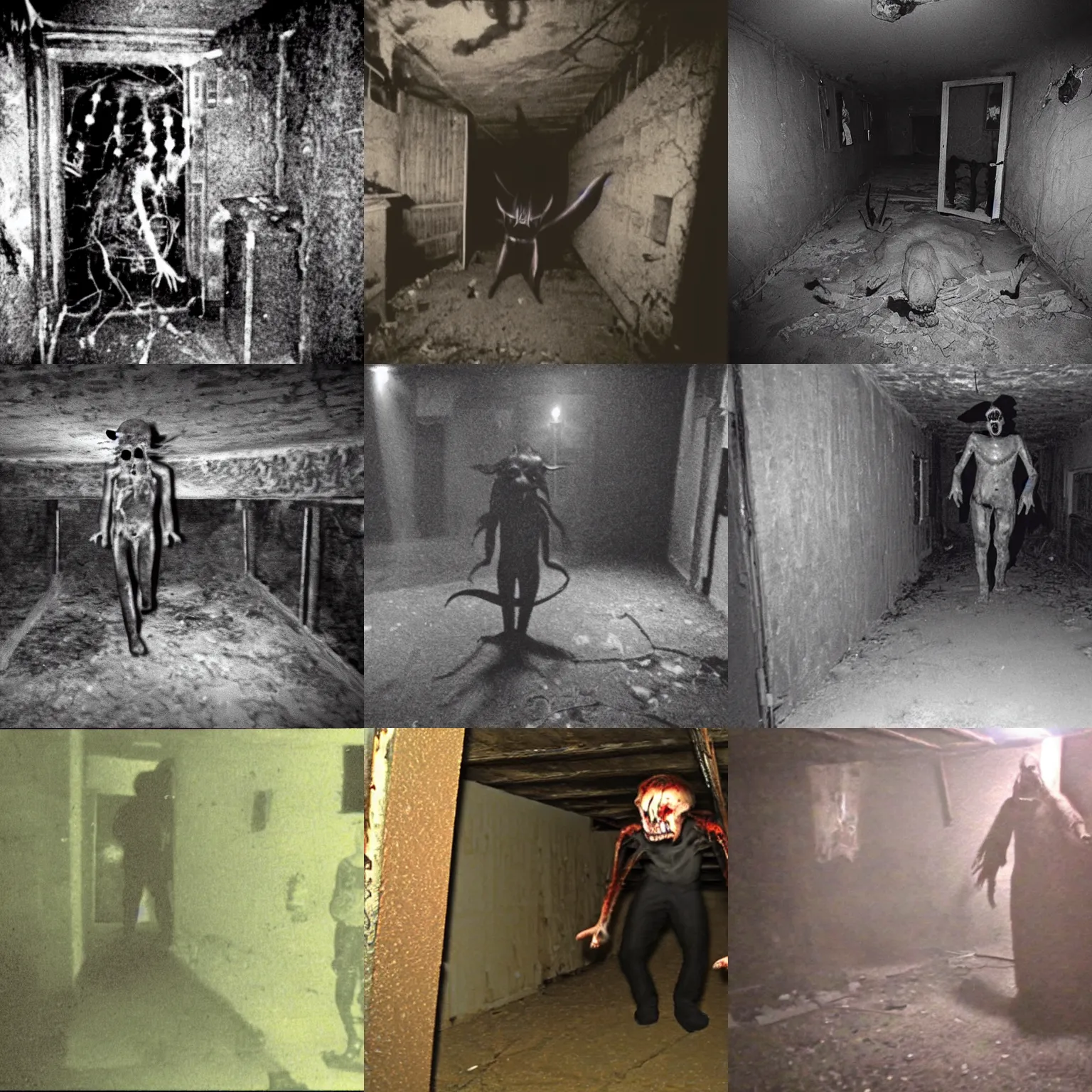 Prompt: terrifying found footage of a disturbing demon in a dark basement