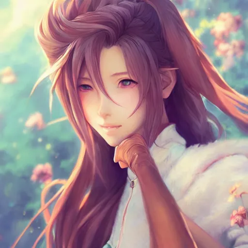 Image similar to high quality art of aerith gainsborough by WLOP, rossdraws, Logan Cure, Mingchen Shen, BangkuART, sakimichan, yan gisuka, JeonSeok Lee, zeronis, Chengwei Pan on artstation