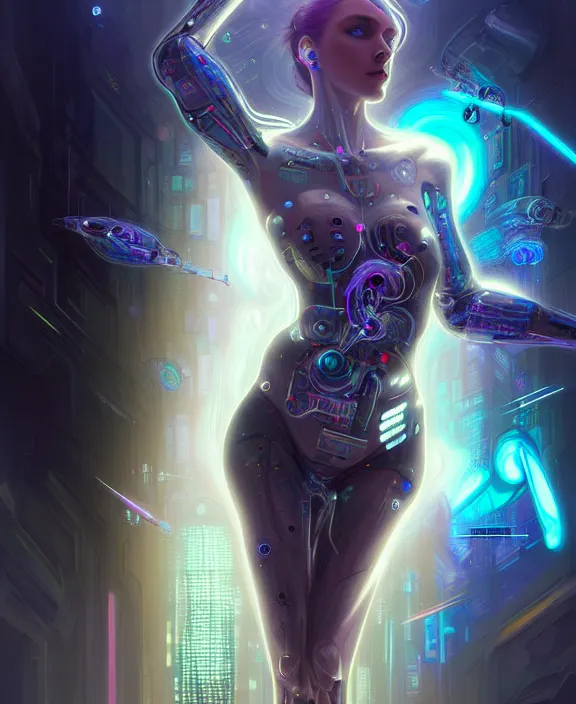 Prompt: a whirlwind of souls rushing inside the metaverse, hologram, half body, neurochip, shaved temple, piercing, jewelry, android, cyborg, cyberpunk face, by loish, d & d, fantasy, intricate, elegant, highly detailed, colorful, digital painting, artstation, concept art, art by artgerm and greg rutkowski and alphonse mucha