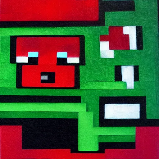 Prompt: minecraft creeper looking at camera surprised. psychotic art. oil painting. ultra detail. dark colors.