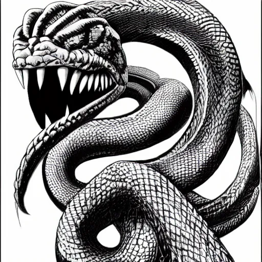 Image similar to a snake with a human face and human arms, serpent, kentaro miura art style